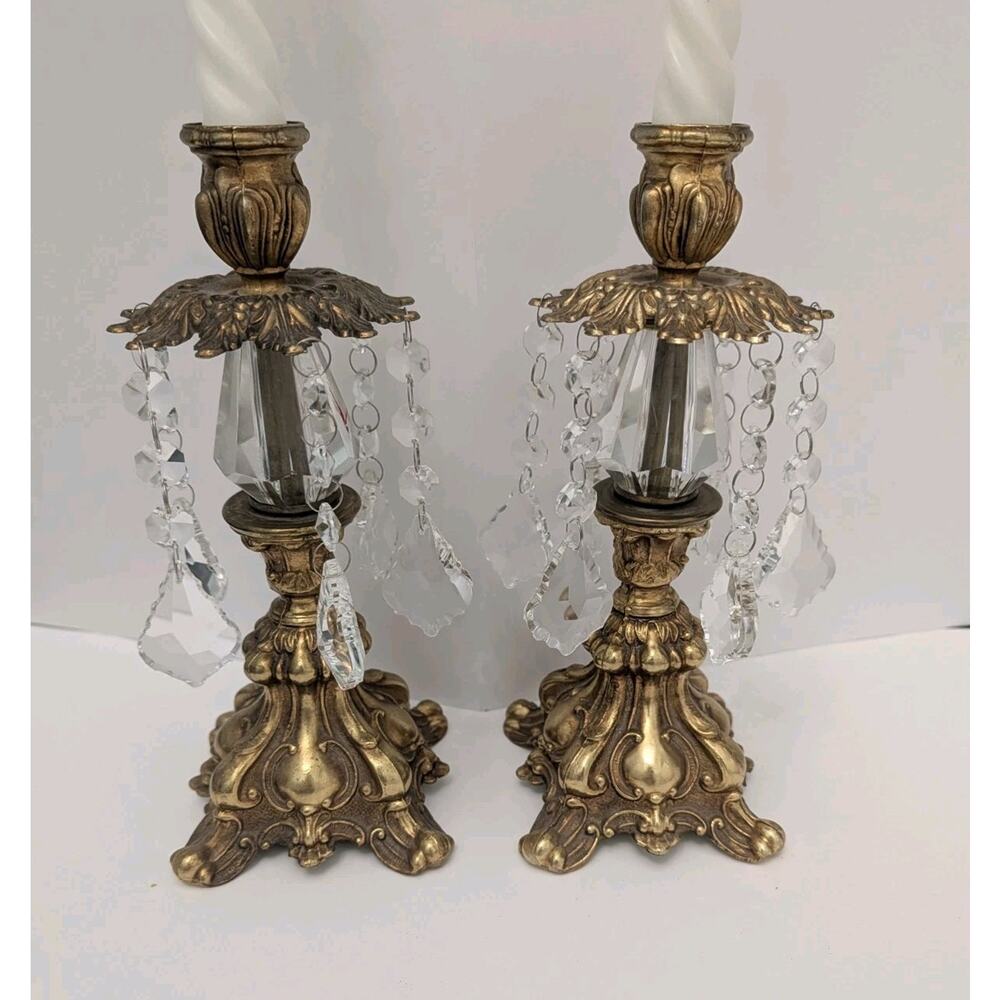 Pair Ornate Brass & Crystal Prisms Candle Holders Pair Hollywood Regency Glam